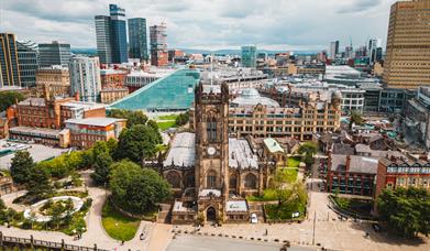 Drone view of cathedral in Manchester