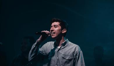 A Man Singing with a Microphone

